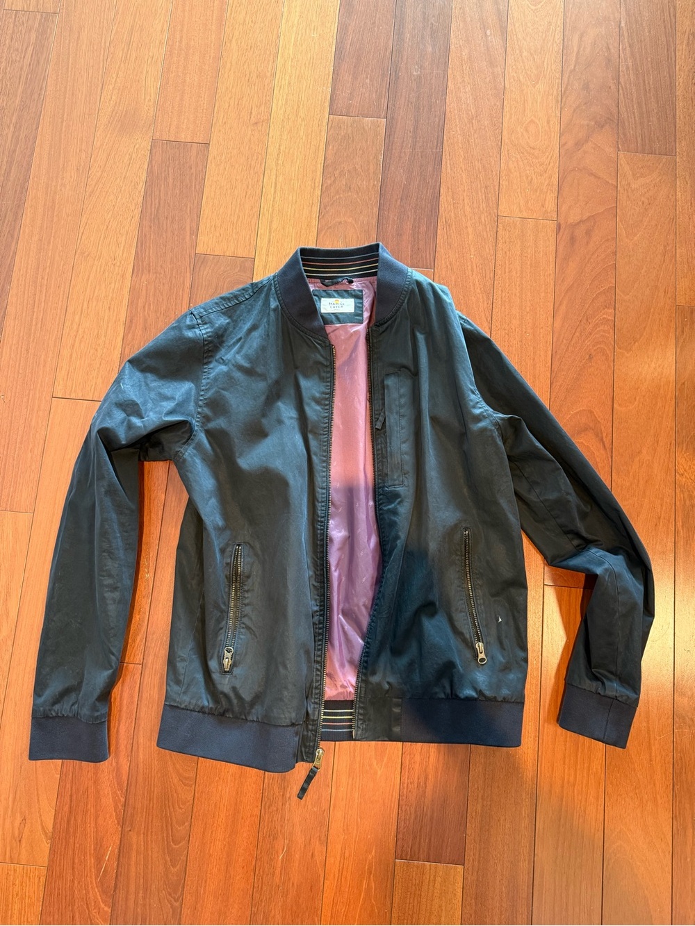 Marine Layer Black Bomber Jacket with Pink Interior
